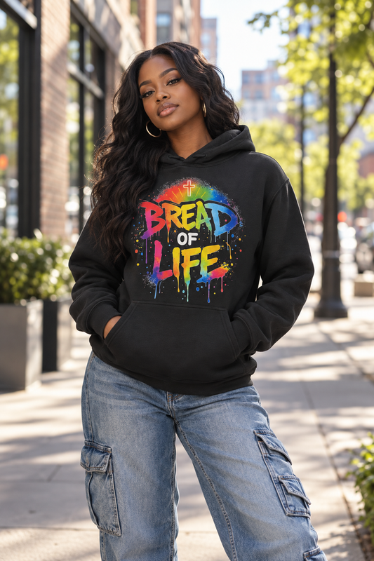 Female model wearing the Bread of Life Hoodie in black