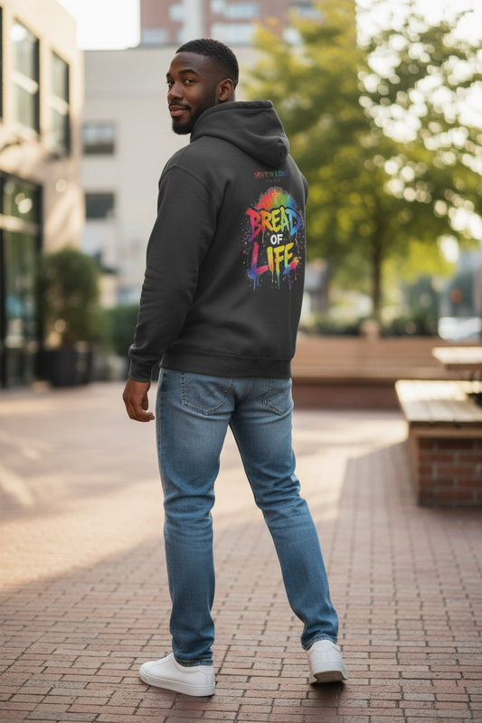 Male model showing the back of the Bread of Life Hoodie in black