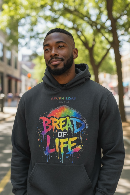 Male model wearing the Bread of Life Hoodie in black