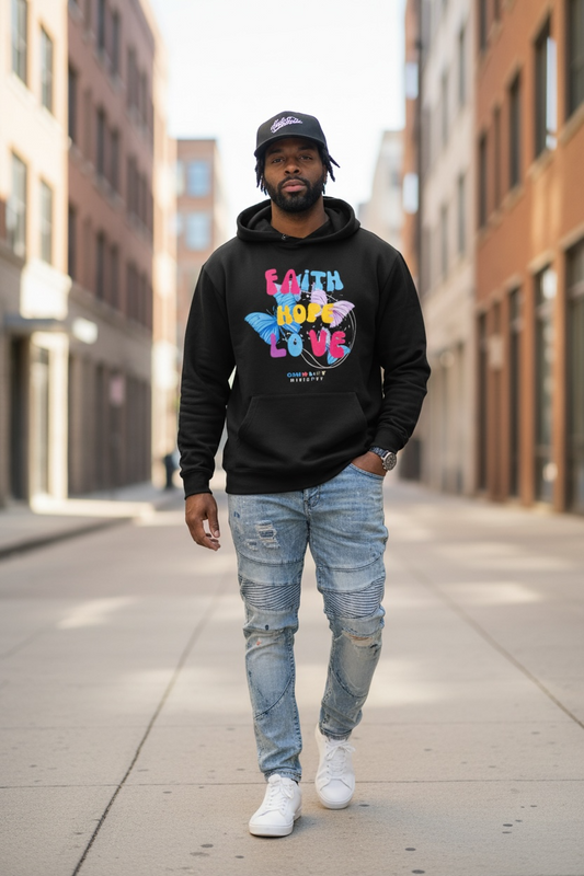 Male model wearing the Faith Hope Love Hoodie in black