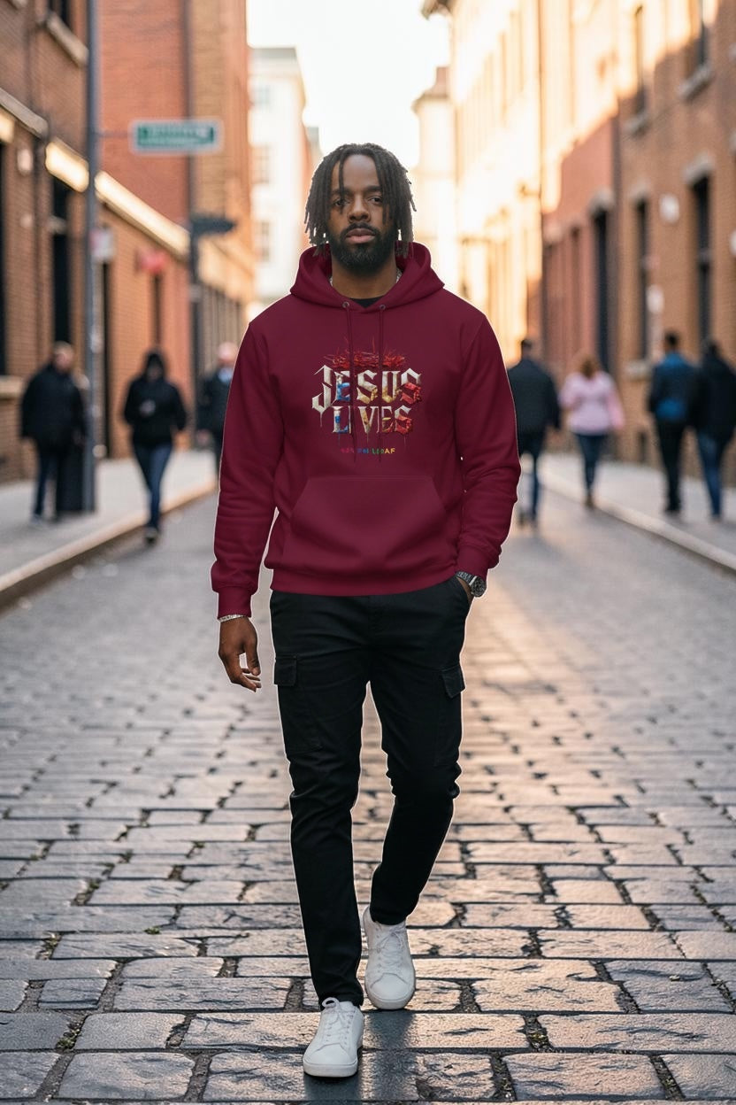 Model wearing the JESUS He Conquered the Grave burgundy hoodie